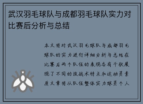 武汉羽毛球队与成都羽毛球队实力对比赛后分析与总结