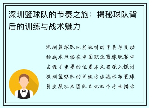 深圳篮球队的节奏之旅：揭秘球队背后的训练与战术魅力